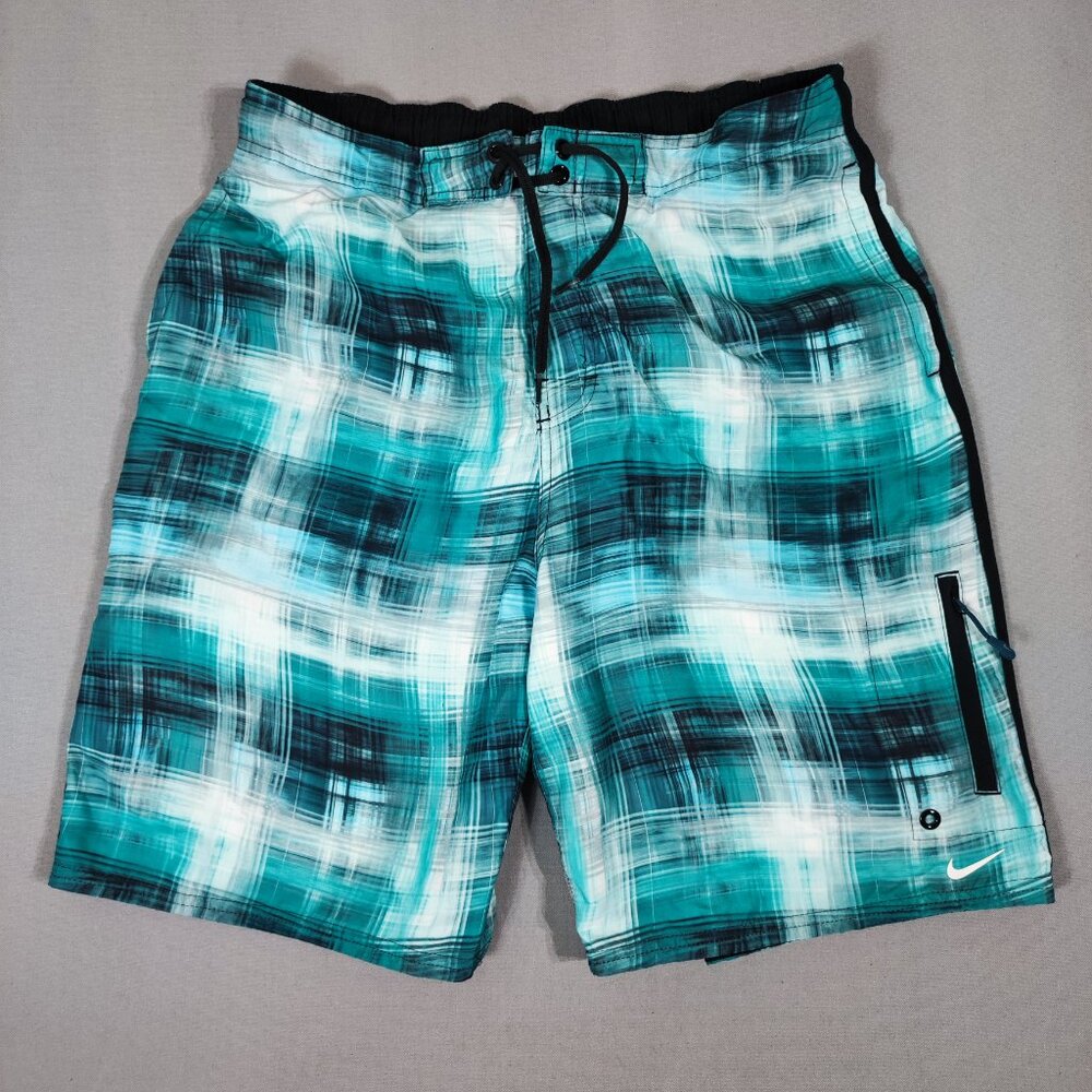 Nike swim trunks men's size L green black and white colour plaid pattern